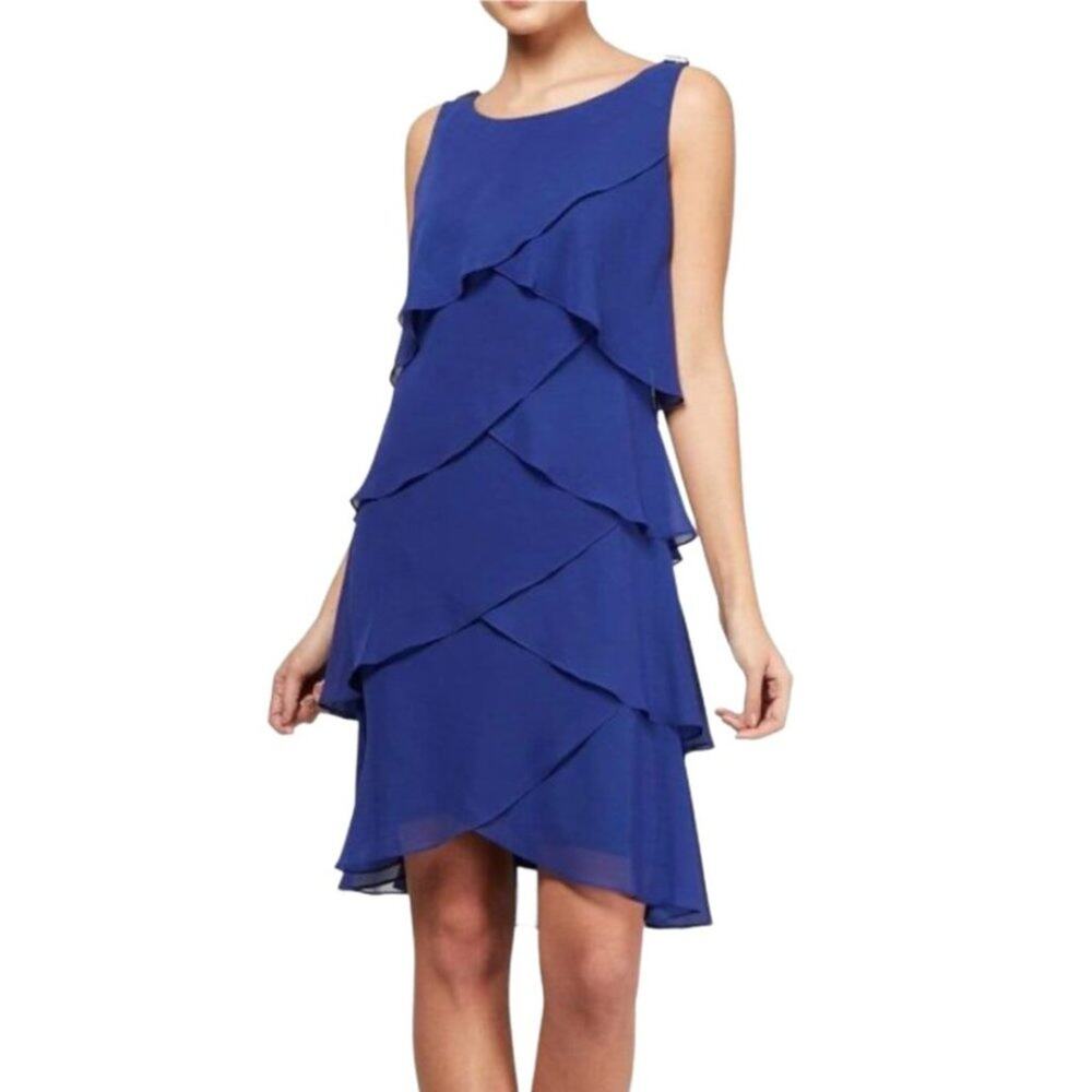 NWT S.L. Fashion Sleeveless Tulip Tiered Chiffon Dress Royal Blue 12P